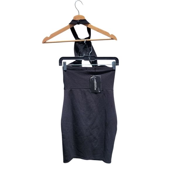 NWT PrettyLittleThing Black Lace Trim High Neck Sheer Top Bodycon Dress - Picture 5 of 11